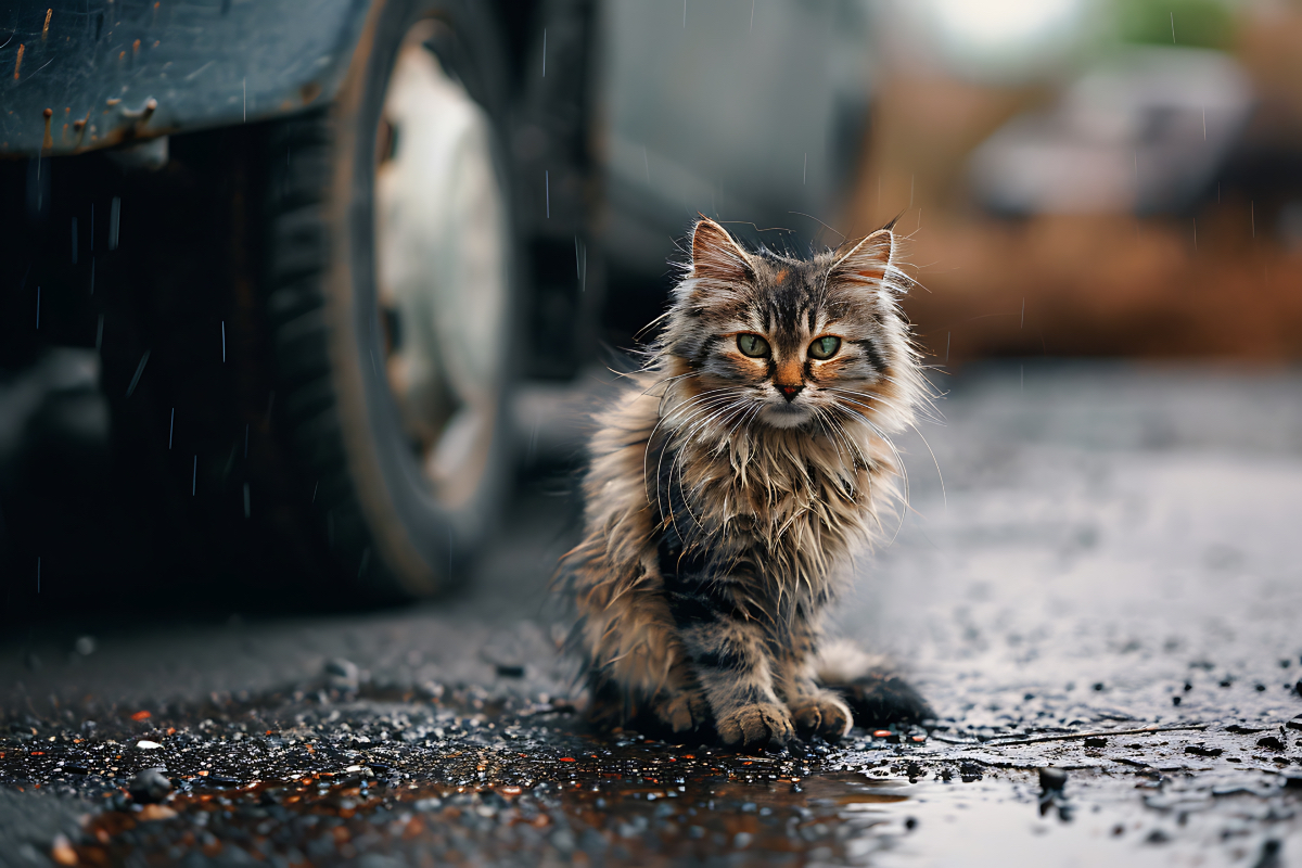 Ein Kätzchen sitzt vor einem Auto im Regen auf der Straße.