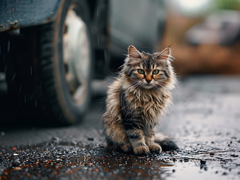Ein Kätzchen sitzt vor einem Auto im Regen auf der Straße.
