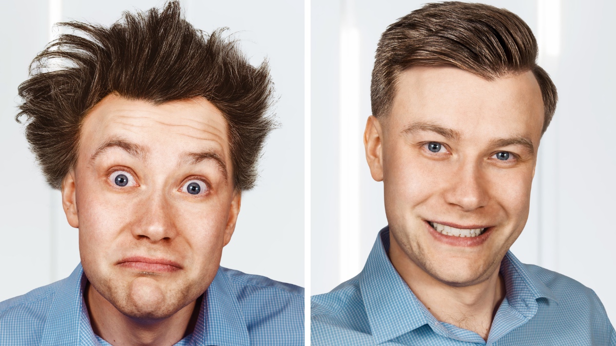 Ein Mann vor und nach dem Friseurbesuch.