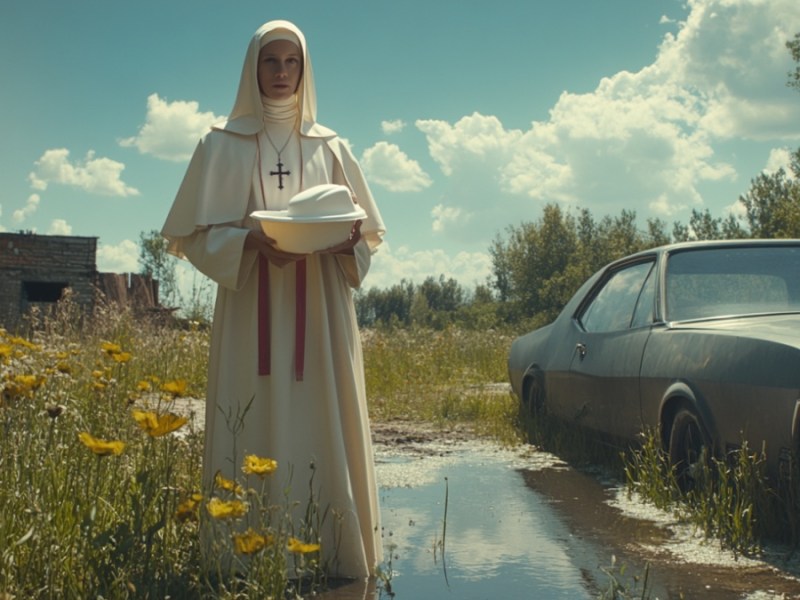 Eine Nonne vor einem Auto. (KI-generiert)