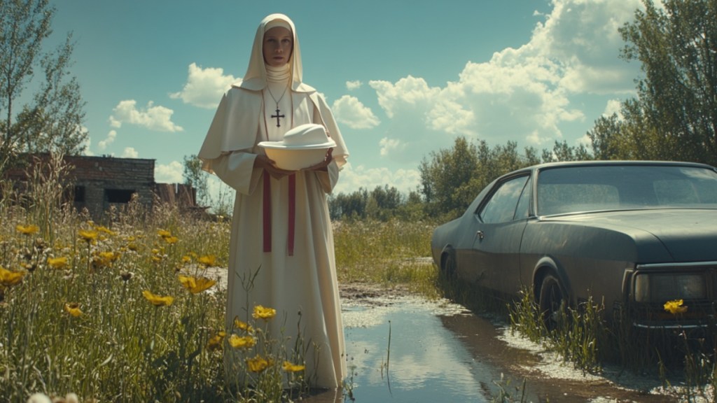 Eine Nonne vor einem Auto. (KI-generiert)