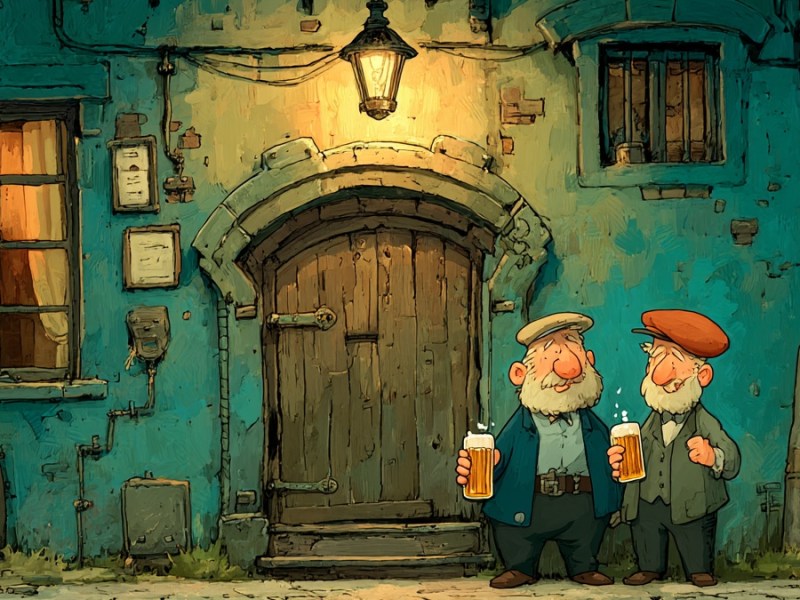 Comic, zwei Männer mit Bier vor einer Kneipe. (KI-generiert)