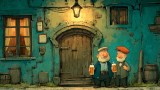 Comic, zwei Männer mit Bier vor einer Kneipe. (KI-generiert)