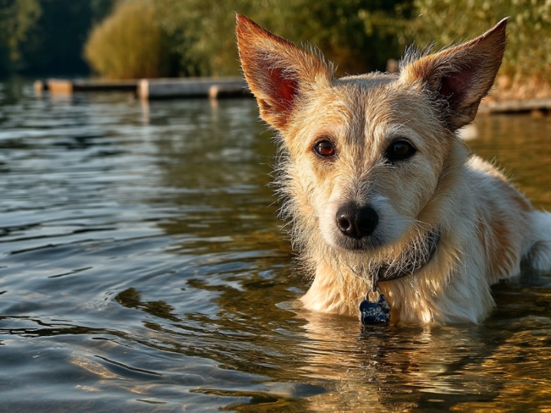 Hund im Wasser. (KI-generiert)