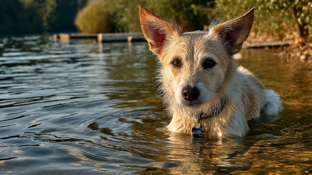 Hund im Wasser. (KI-generiert)