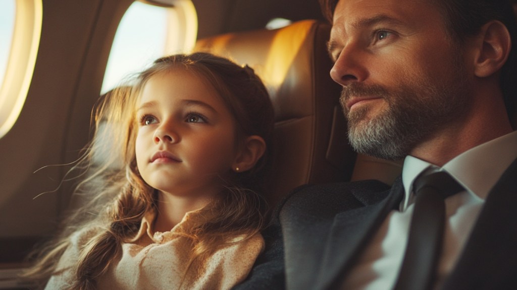 Kleines Mädchen und Anzugträger im Flugzeug. (KI-generiert)