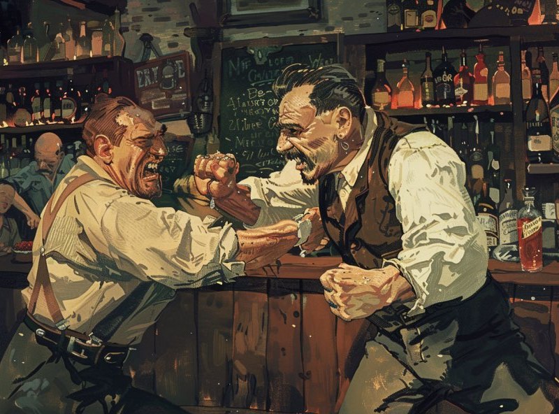Eine Illustration von zwei Männern, die sich in einer Kneipe prügeln.