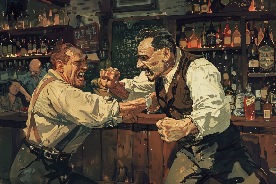 Eine Illustration von zwei Männern, die sich in einer Kneipe prügeln.
