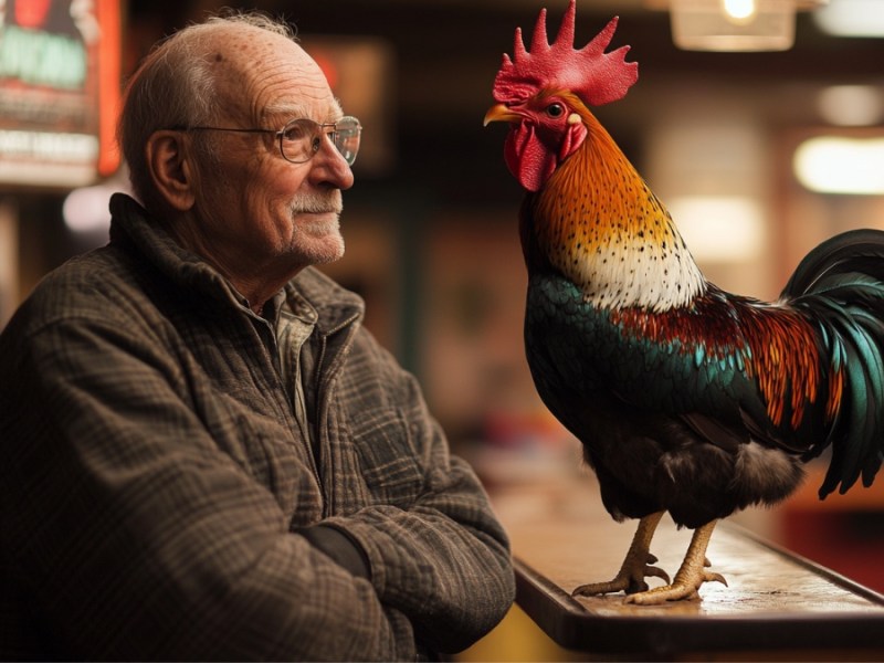 Bauer mit Hahn im Kino. (KI-generiert)