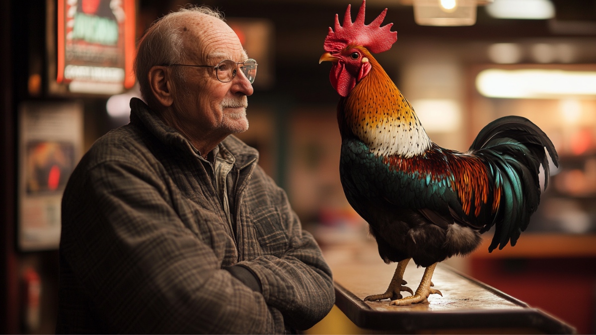 Bauer mit Hahn im Kino. (KI-generiert)