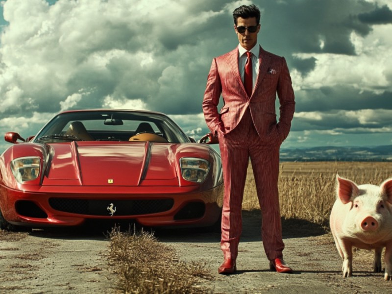 Ferrari, Mann im Anzug und Schwein. (KI-generiert)