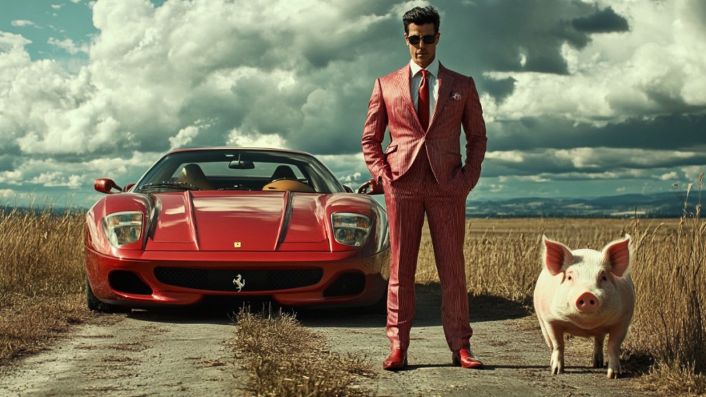 Ferrari, Mann im Anzug und Schwein. (KI-generiert)
