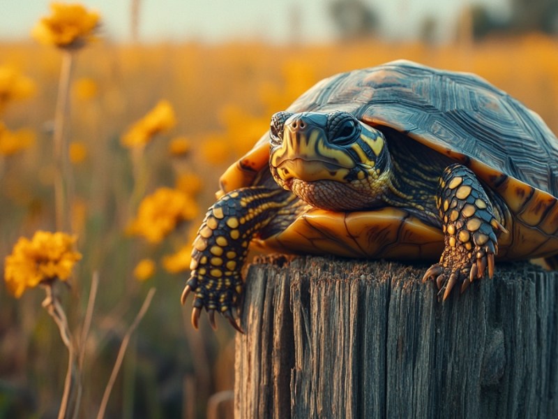 Eine Schildkröte auf einem Zaunpfahl. (KI-generiert)