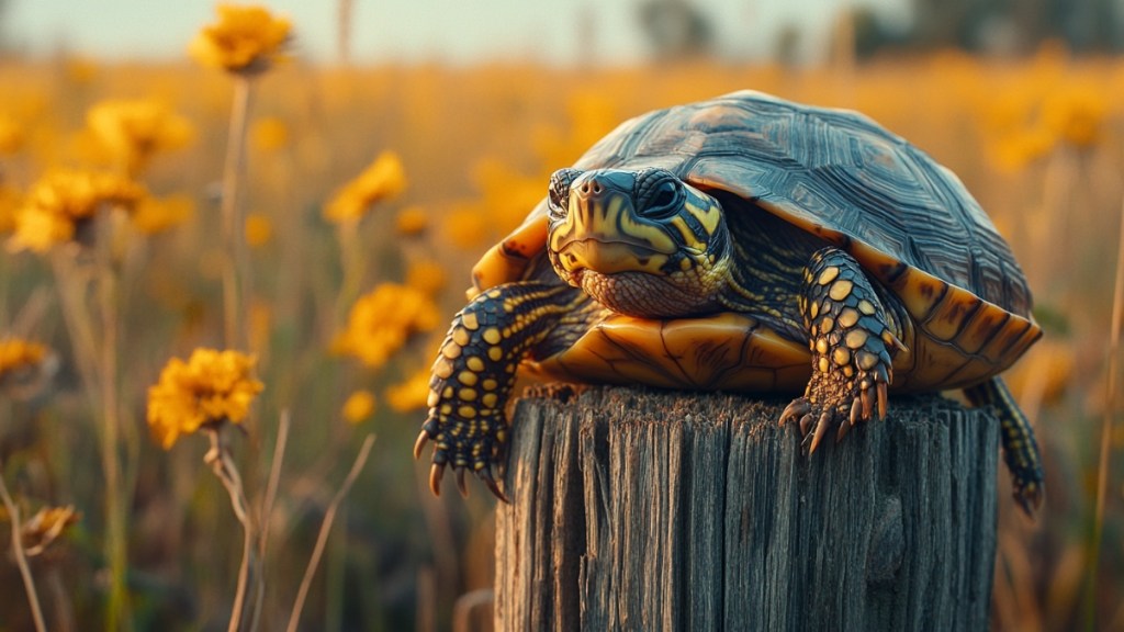 Eine Schildkröte auf einem Zaunpfahl. (KI-generiert)
