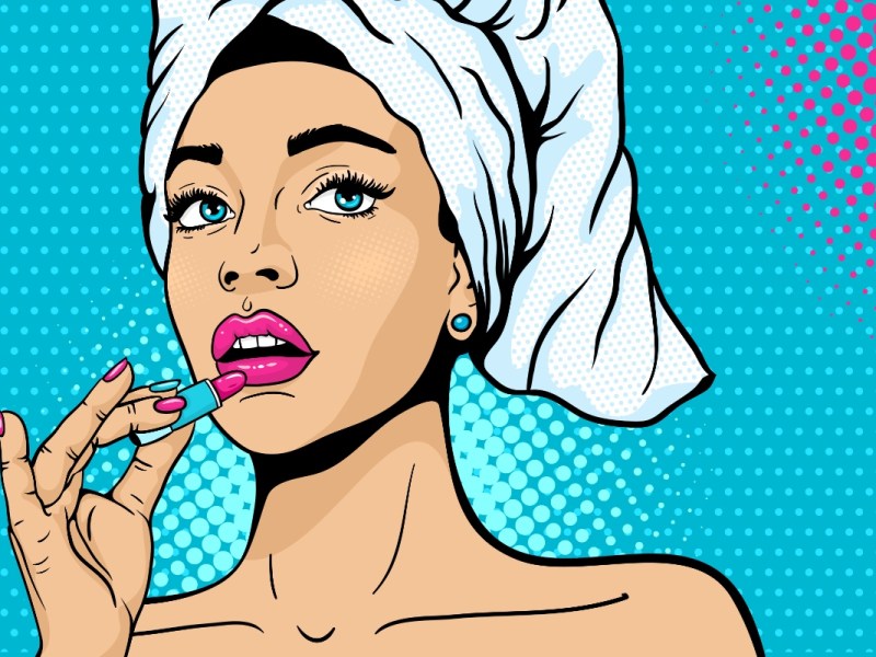 Ein Popart-Comic-Bild von einer Frau, die Lippenstift aufträgt.