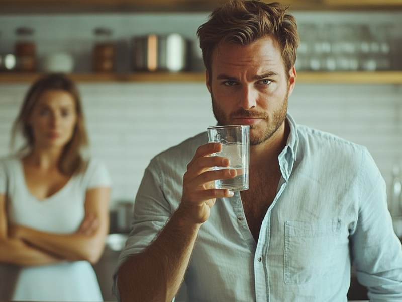 Ein Mann steht in der Küche und trinkt ein Glas Wasser. Seine Frau ist wütend auf ihn und steht hinter ihm. (KI-generiert)