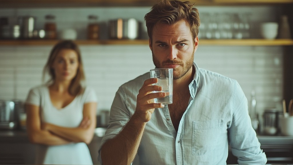 Ein Mann steht in der Küche und trinkt ein Glas Wasser. Seine Frau ist wütend auf ihn und steht hinter ihm. (KI-generiert)