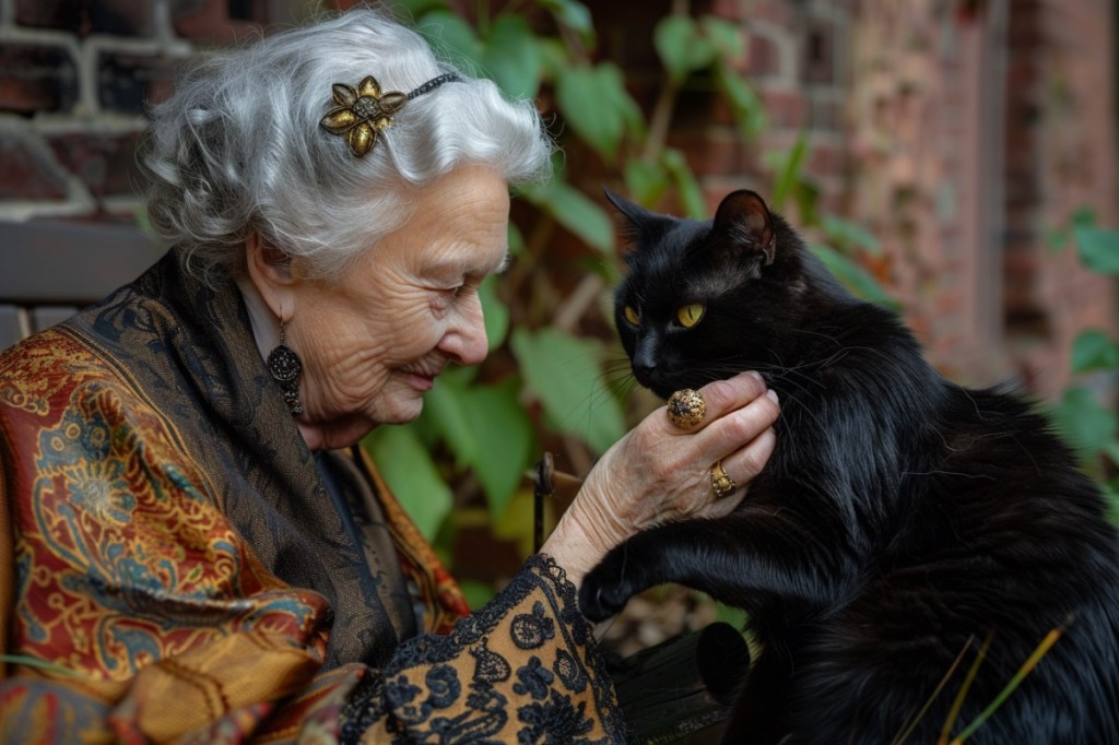 Eine alte Frau in märchenhafter Kleidung streichelt einen schwarzen Kater.