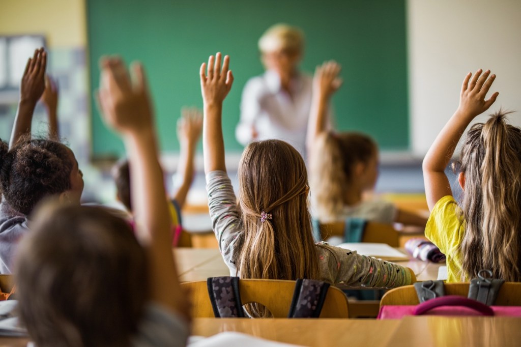 Kinder in der Schule sitzen im Unterricht und melden sich. Ihre Lehrerin steht vor einer Tafel.