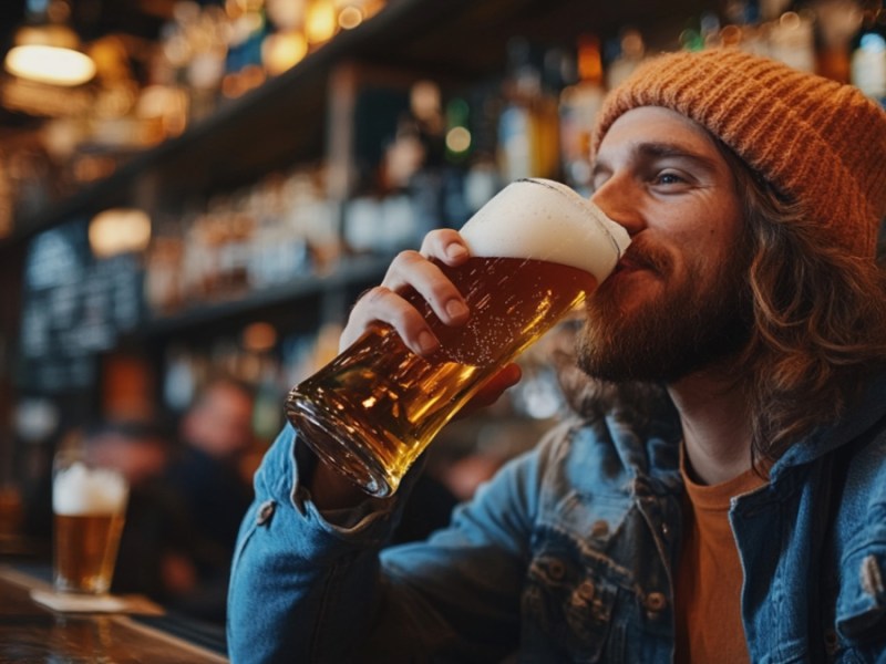 Mann trinkt Bier in Kneipe. (KI-generiert)