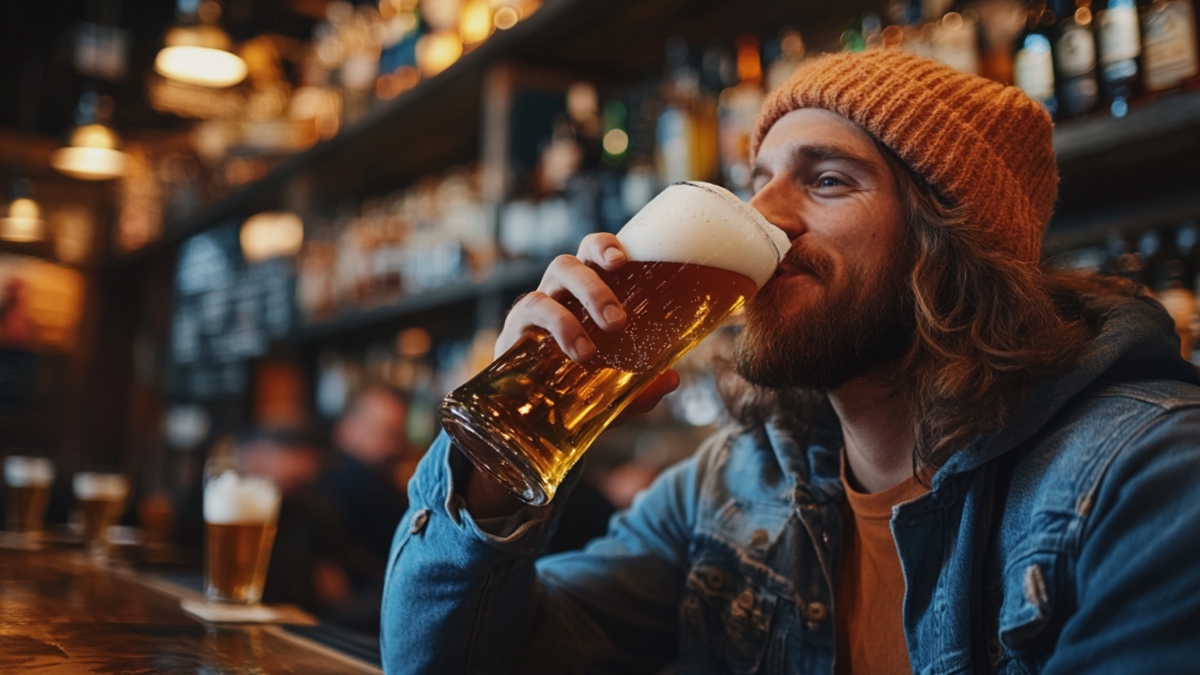 Mann trinkt Bier in Kneipe. (KI-generiert)