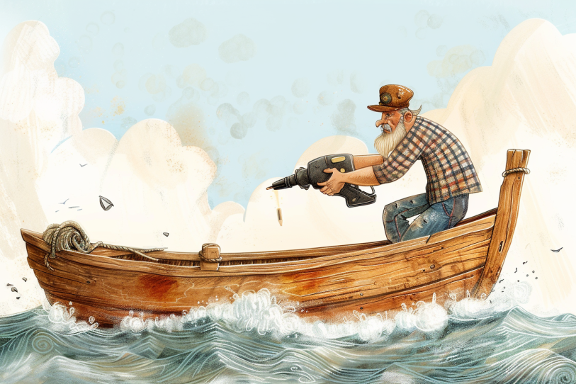 Ein Mann mit Bohrmaschine in einem Boot.