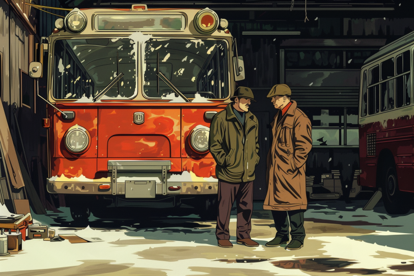 Illustration von zwei Männern vor einer Busgarage.