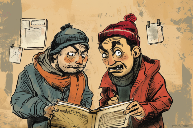 Illustration von zwei Männern, die in einem Heft lesen.