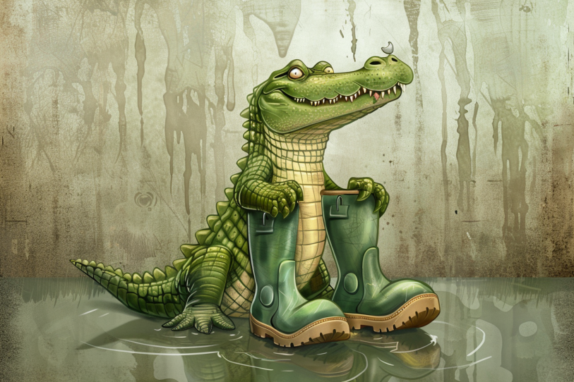 Illustration eines Krokodils mit Gummistiefeln.