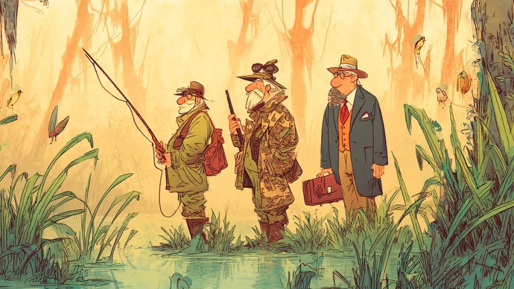 Ein Angler, ein Jäger und ein Anwalt stehen im Sumpf. (KI-generiert)