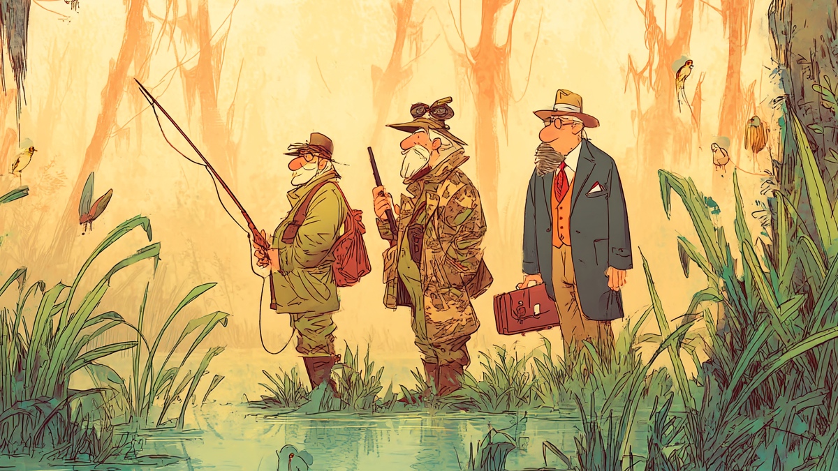 Ein Angler, ein Jäger und ein Anwalt stehen im Sumpf. (KI-generiert)