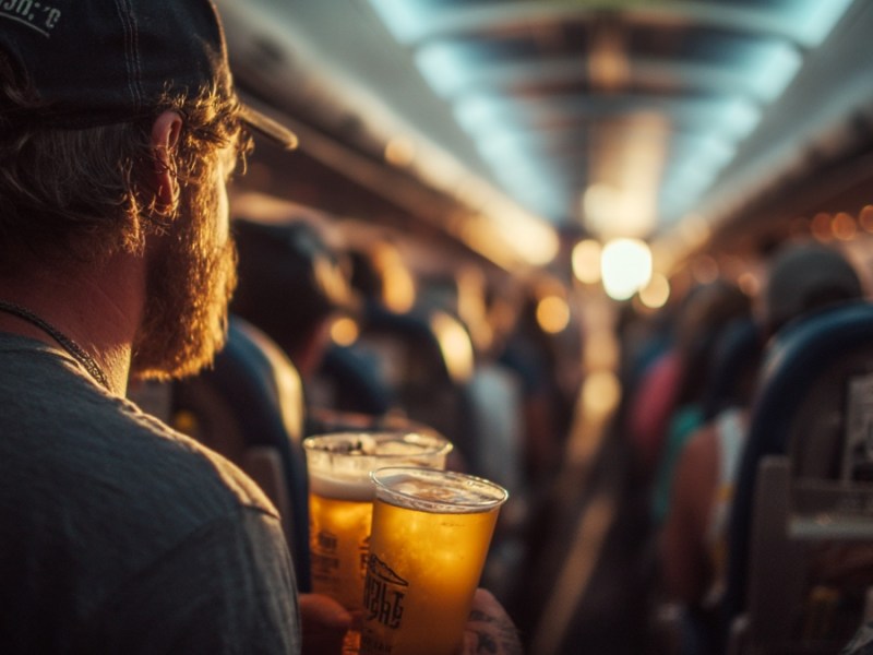 Mann mit Bier im Flugzeug. (KI-generiert)
