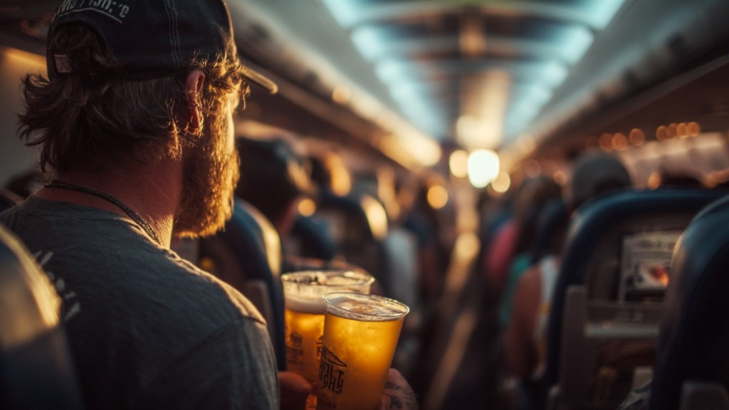 Mann mit Bier im Flugzeug. (KI-generiert)
