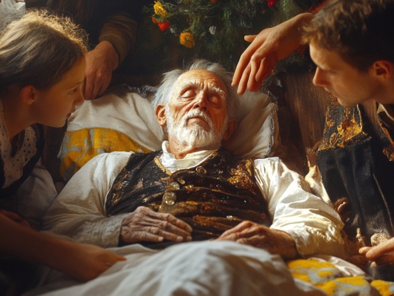 Ein alter Mann liegt im Bett, seine Familie sitzt an seinem Bett. (KI-generiert)