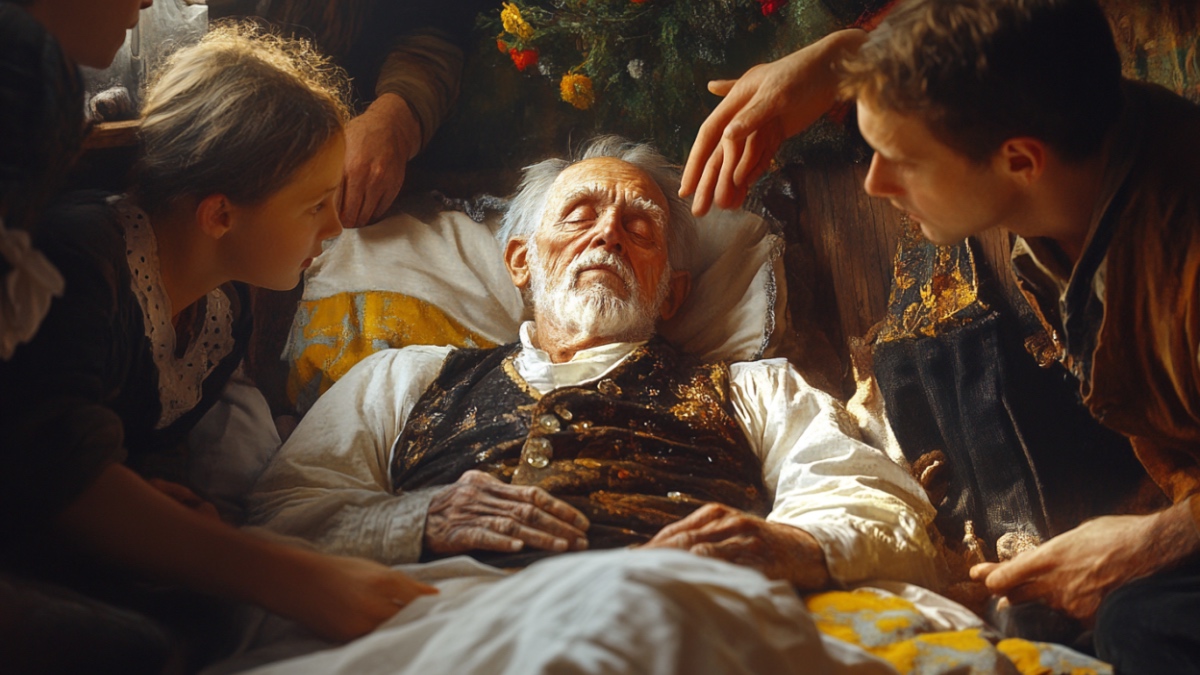 Ein alter Mann liegt im Bett, seine Familie sitzt an seinem Bett. (KI-generiert)