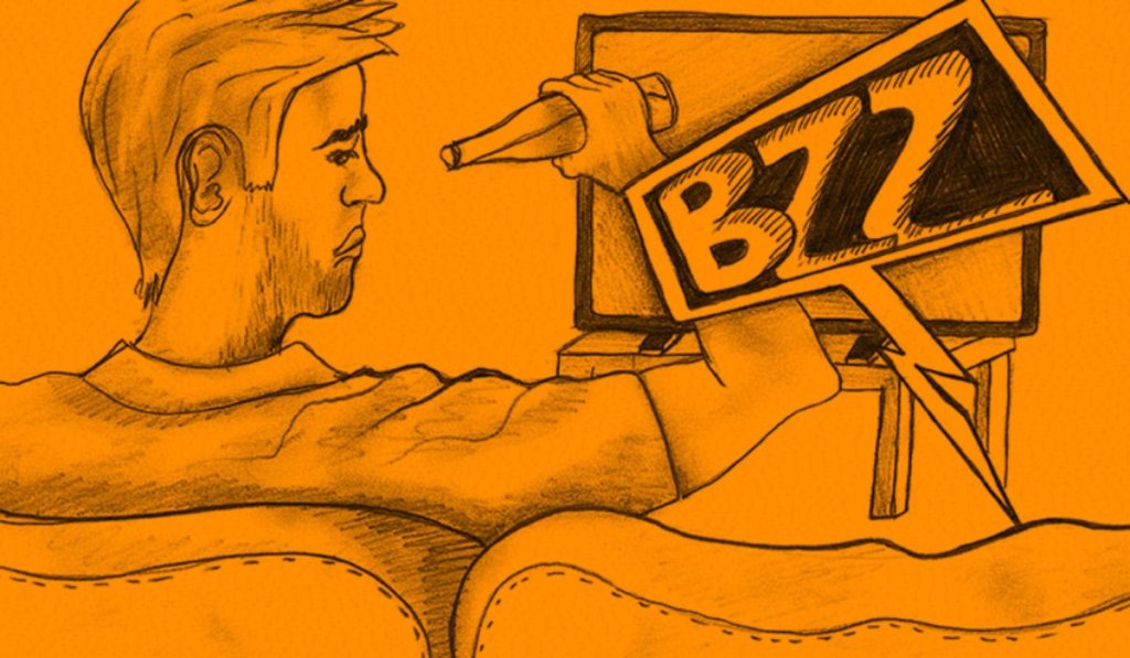 Eine Zeichnung von einem Mann, der Bier vor einem Fernseher trinkt.