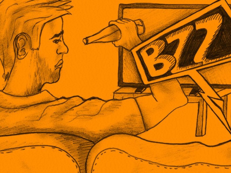 Eine Zeichnung von einem Mann, der Bier vor einem Fernseher trinkt.