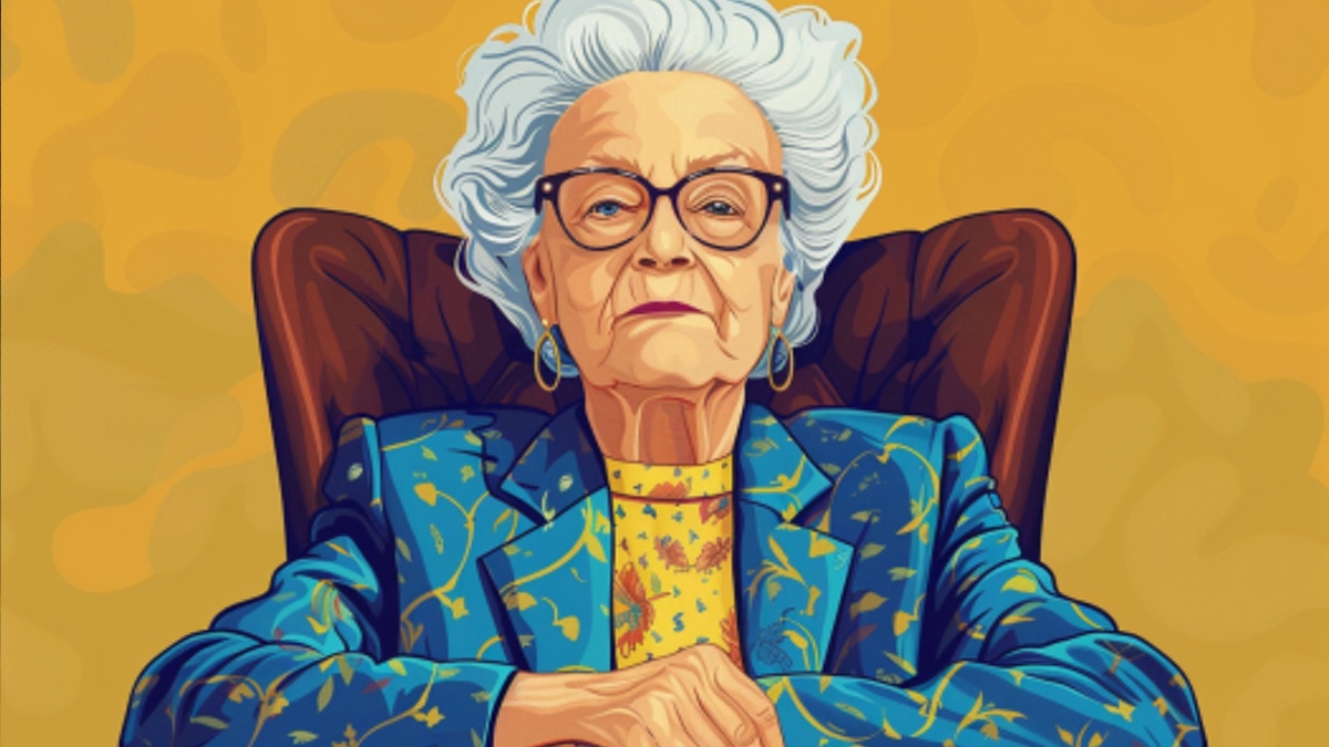 Illustration einer alten Dame in Chef-Pose.
