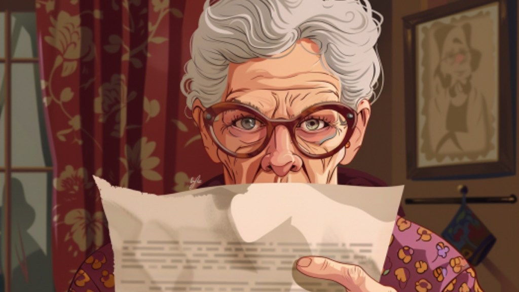 Illustration einer alten Dame, die einen Brief liest und sauer ist.