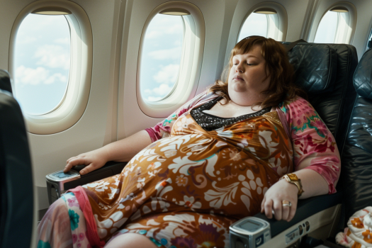 Bild einer fülligen Frau im Flugzeugsitz.