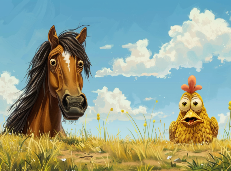 Illustration eines Pferdes und eines Huhns
