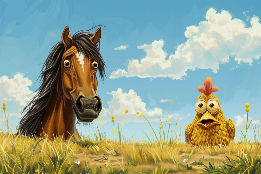 Illustration eines Pferdes und eines Huhns