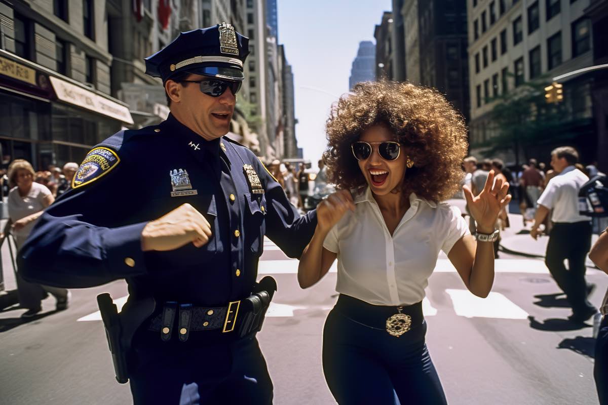 Ein New Yorker Polizist tanzt mit einer jungen Frau auf der Straße.