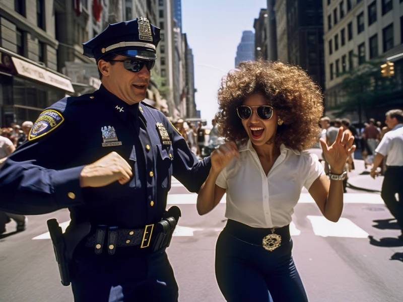 Ein New Yorker Polizist tanzt mit einer jungen Frau auf der Straße.