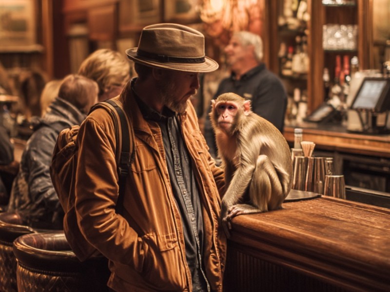 Mann und Affe in Bar. (KI-generiert)