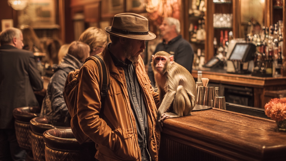 Mann und Affe in Bar. (KI-generiert)
