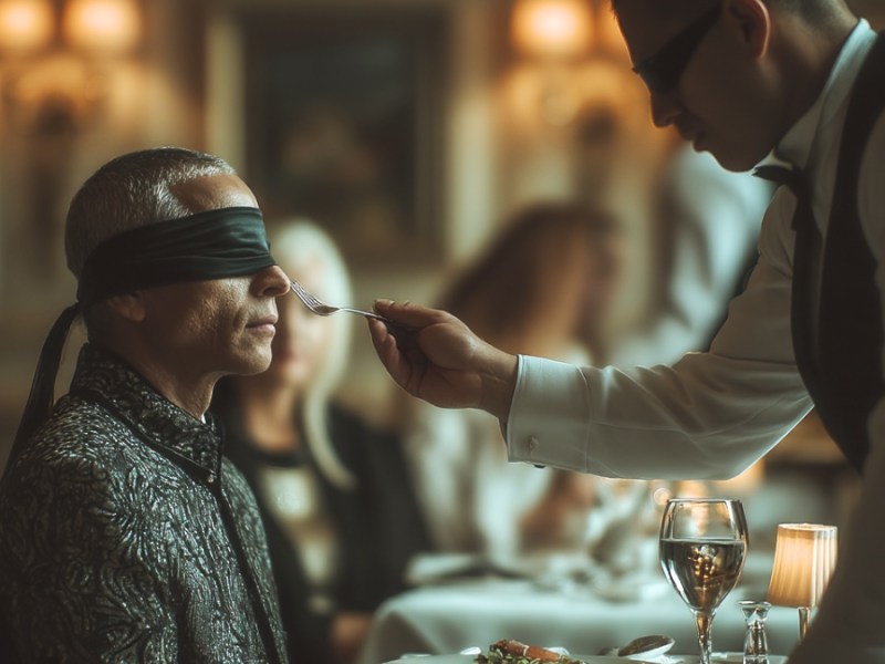 Ein Blinder sitzt im Restaurant und schnuppert an einer Gabel, die ihm ein Kellner an die Nase hält. (KI-generiert)