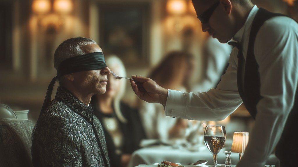 Ein Blinder sitzt im Restaurant und schnuppert an einer Gabel, die ihm ein Kellner an die Nase hält. (KI-generiert)