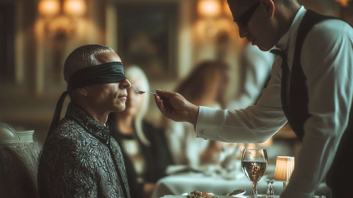 Ein Blinder sitzt im Restaurant und schnuppert an einer Gabel, die ihm ein Kellner an die Nase hält. (KI-generiert)