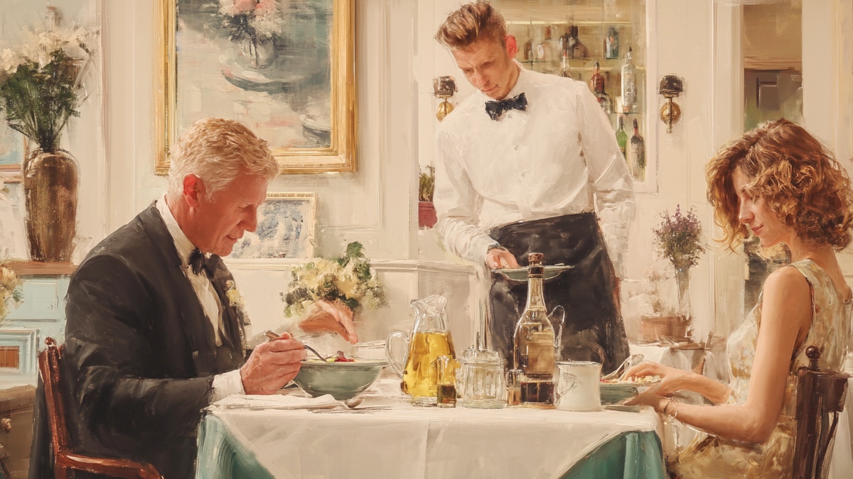 Ehepaar und Kellner im Restaurant. (KI-generiert)